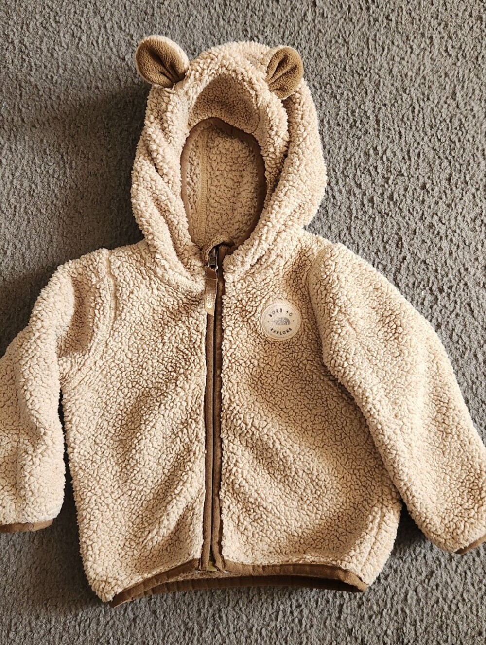 THE NORTH FACE Toddler Jacket Size 12 Month Beige Fleece Hooded Logo OutdoorsV